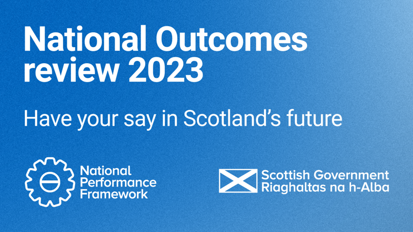 Blue background. Text reads National Outcomes Review 2023. Have your say in Scotland's Future. At the bottom sit the national Performance Framework logo (a white outline of a cog) and the Scottish Government Logo (a saltire).