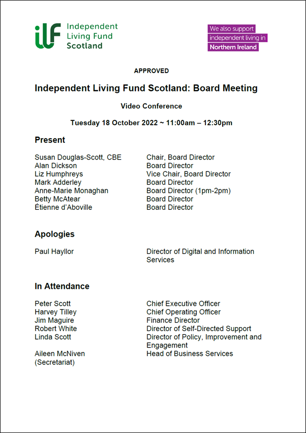 Front page of the Board Meeting Minute for 18th October 2022