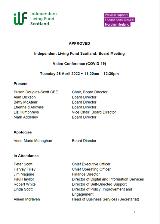 Front page of the Board Meeting Minutes for 26 April 2022
