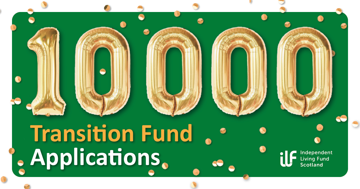 10,000 in gold balloons on a green background. Gold confetti sprinkles around the edges. Underneath reads Transition Fund Applications (so 10,000 Transition Fund applications). The ILF Scotland logo sits in the bottom right.
