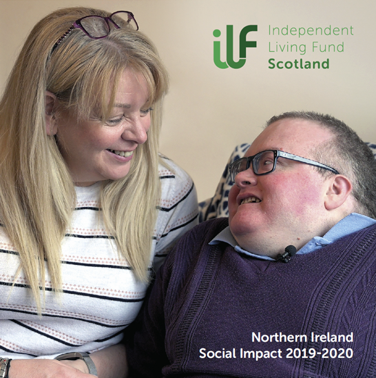 Cover of the Northern Ireland Social Impact 2019-2020 card. Shows a blonde haired lady with glasses on her head, smiling down at her son who smiles up at her. The ILF Scotland logo is in the top right corner.