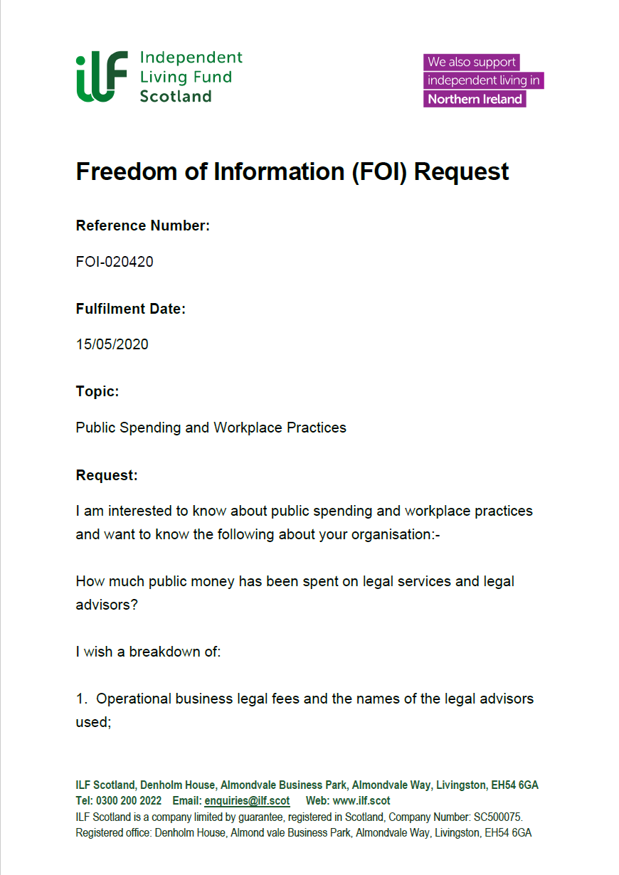 Front page of the Freedom of Information Request FOI-020420 Public Spending and Workplace Practices
