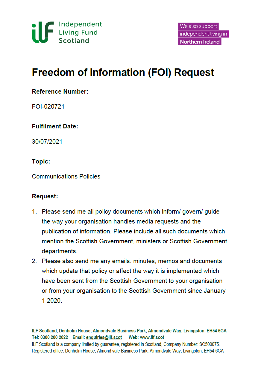 Front page of the Freedom of Information Request - FOI-020721 - Communications Policies