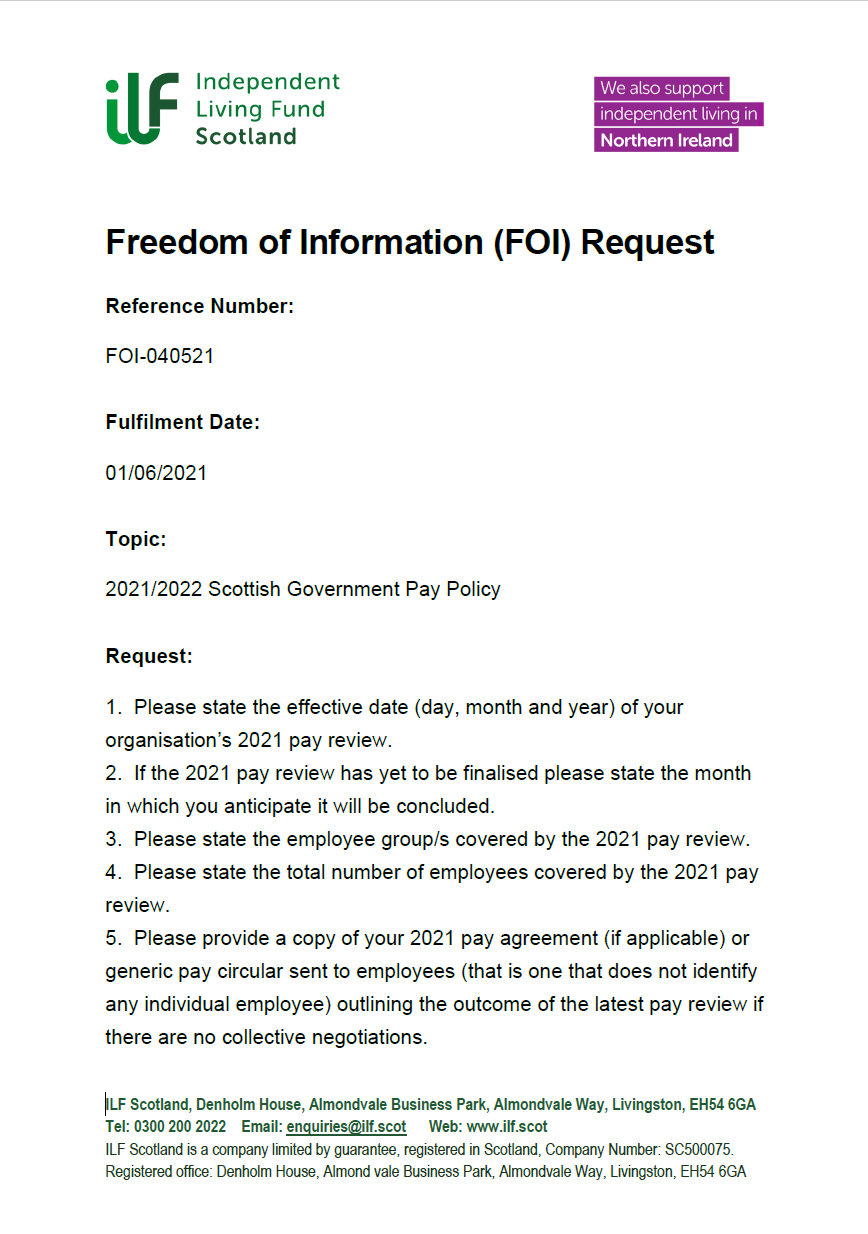 Front page of the Freedom of Information Request FOI-040521 - 2021/2022 Scottish Government Pay Policy