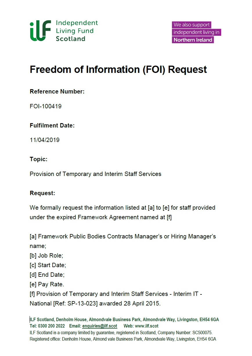 Front page of the Freedom of Information Request FOI-100419 Provision of Temporary and Interim Staff Services