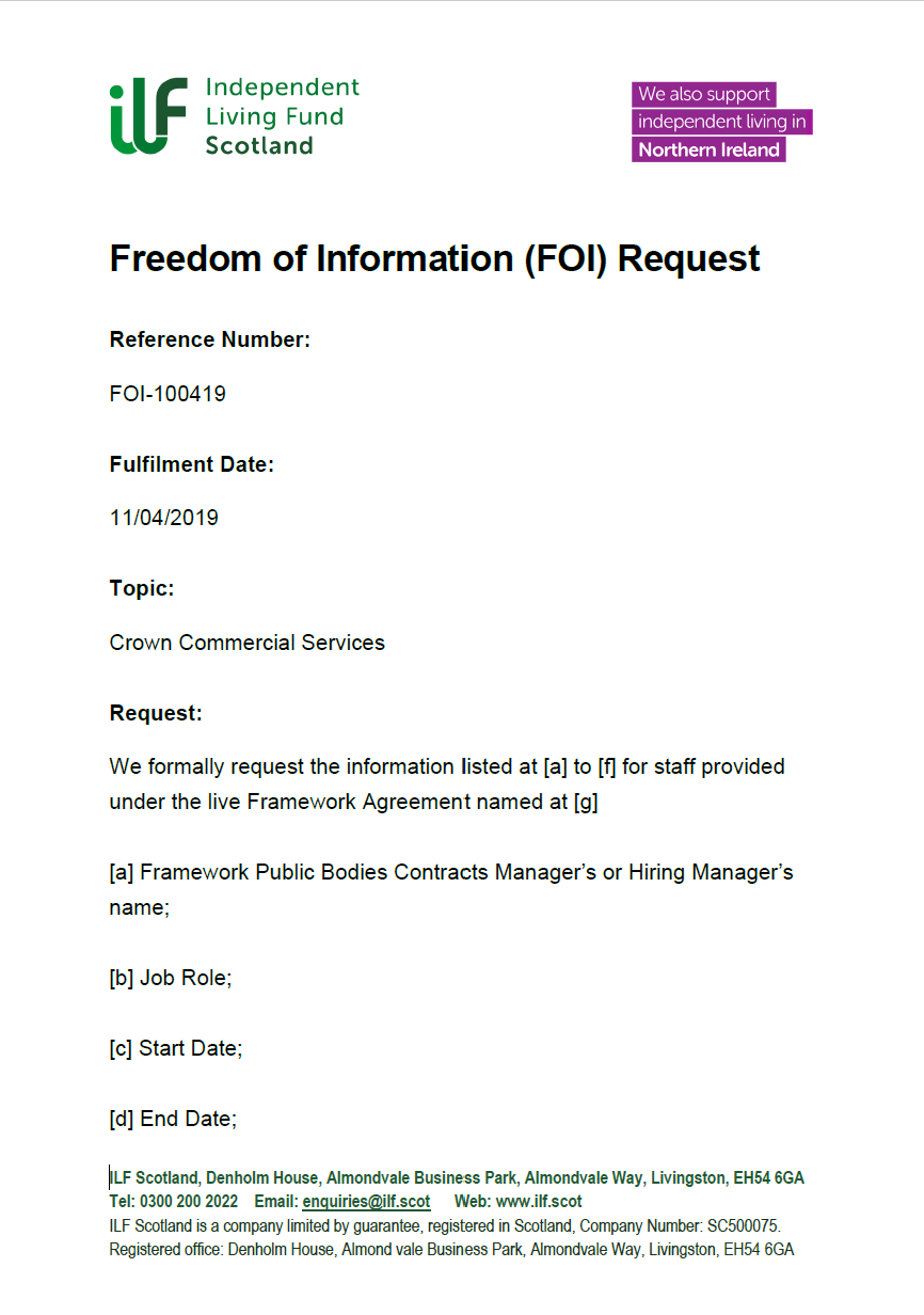 Front page of the Freedom of Information Request FOI-100419 Crown Commercial Services
