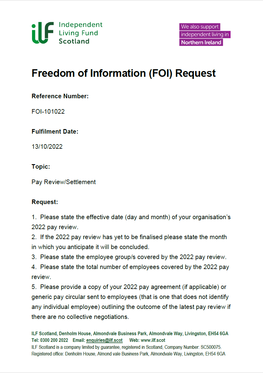 Front page of the Freedom of Information Request FOI-101022 - Pay Review / Settlement