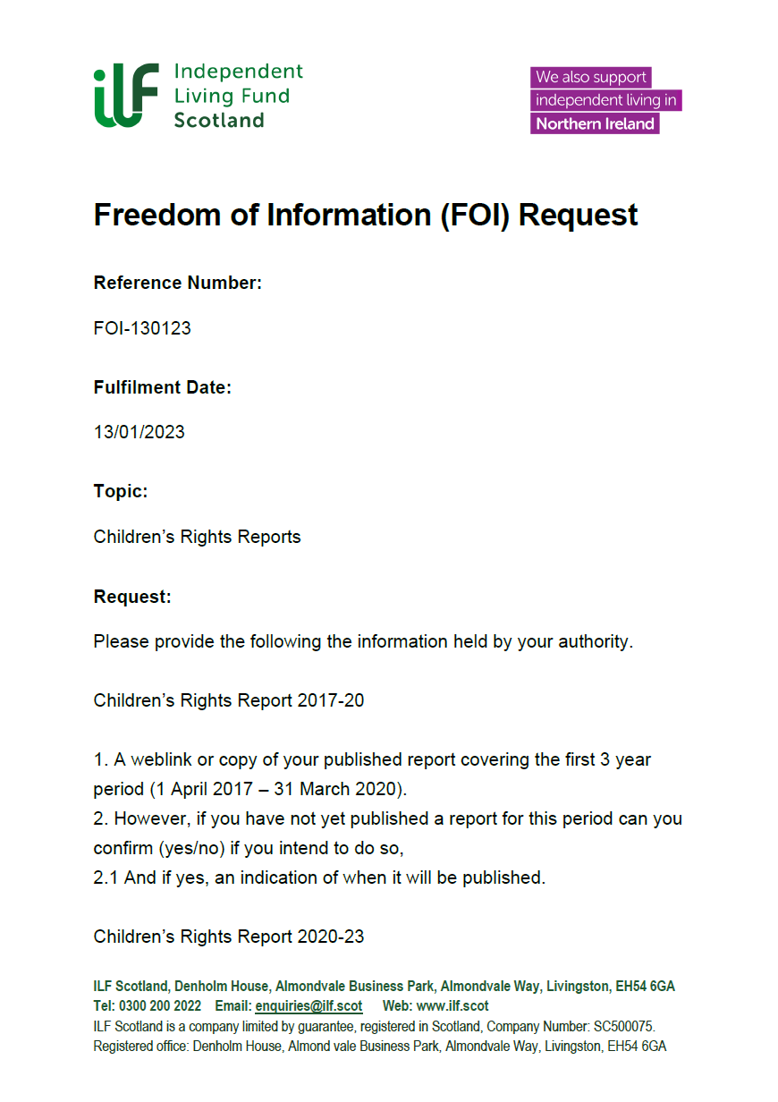Front page of the Freedom of Information Request FOI-130123 - Children’s Rights Reports