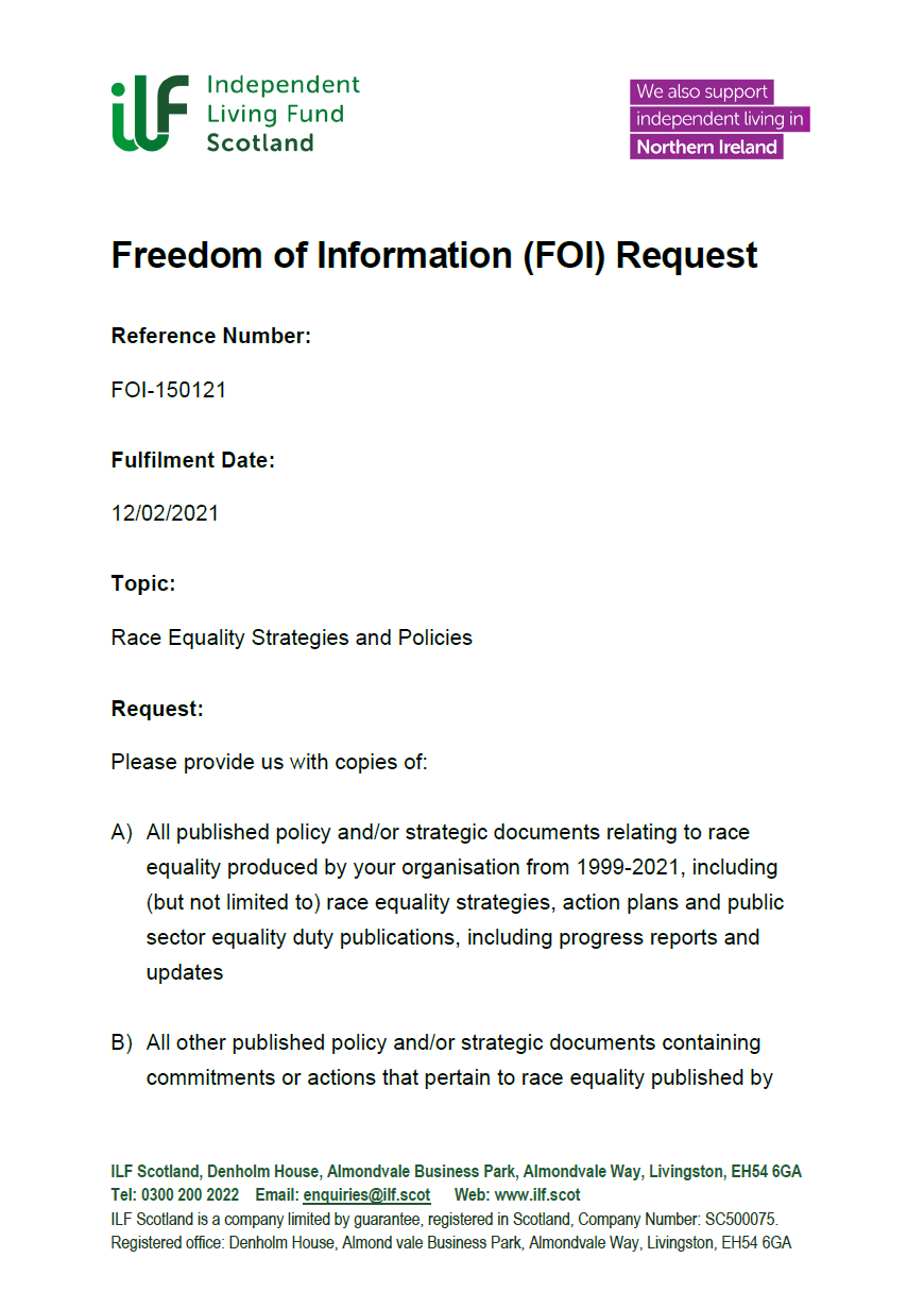 Front page of the Freedom of Information Request FOI-150121 - Race Equality Strategies and Policies.