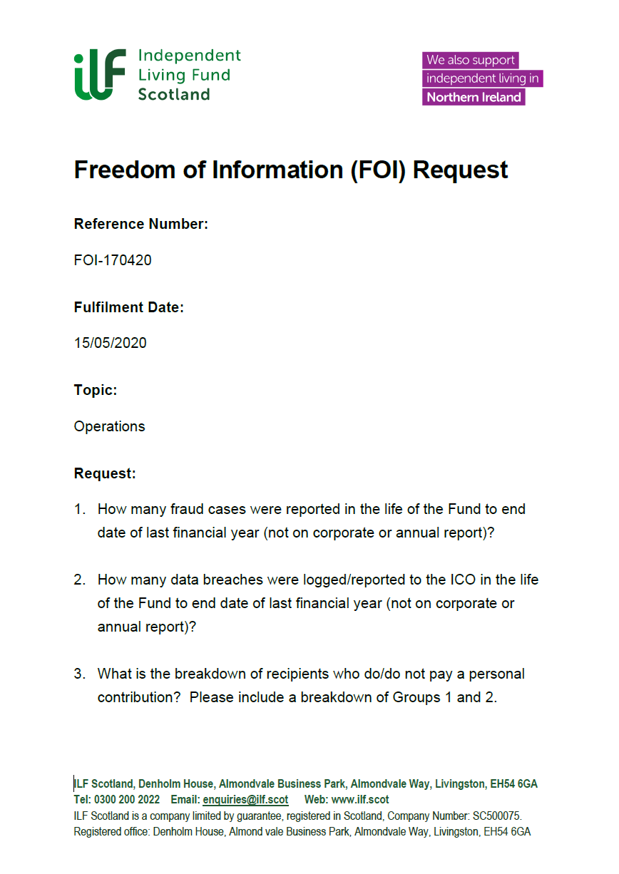 Front page of the Freedom of Information Request FOI-170420 - Operations