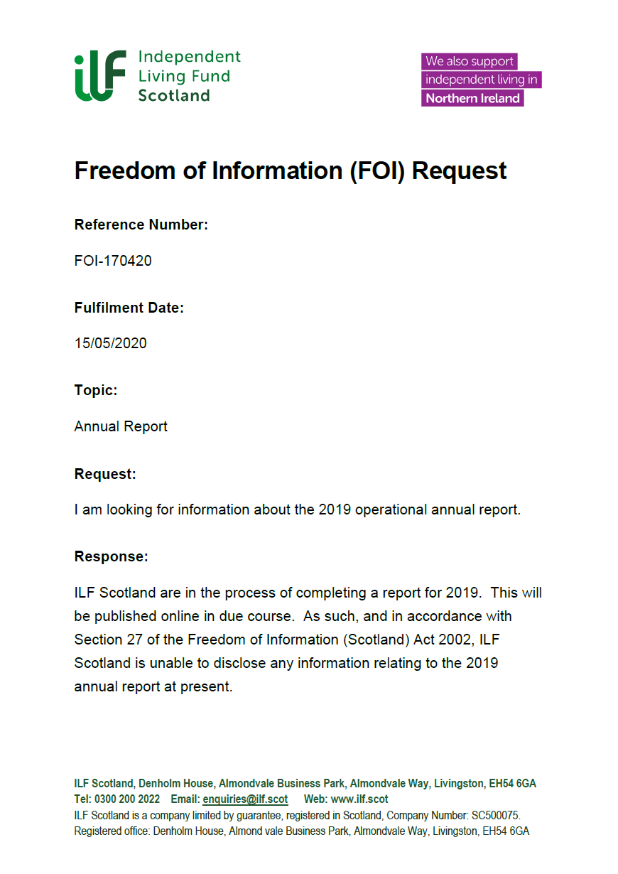 Front page of the Freedom of Information Request FOI-170420 Annual Report