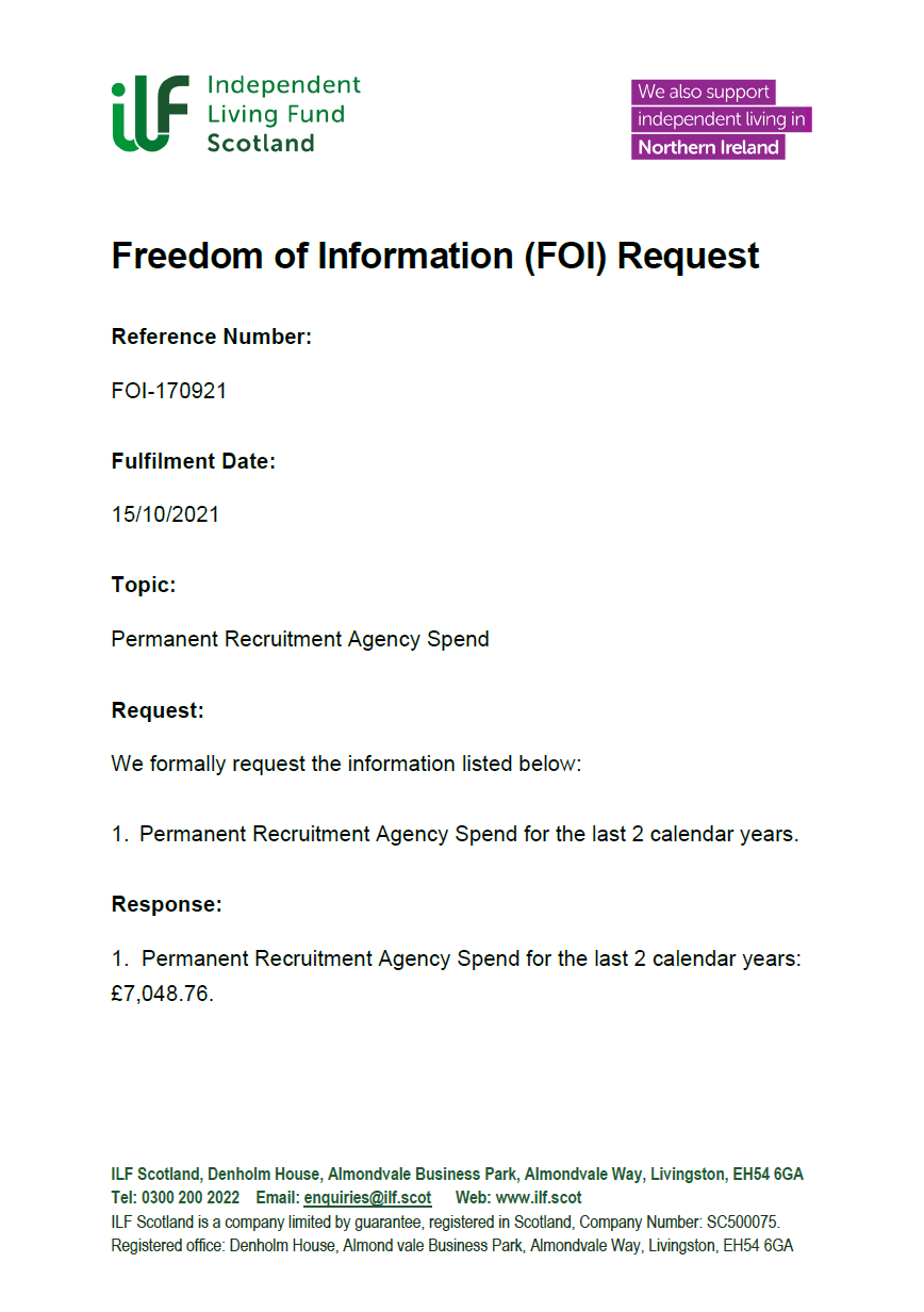 Front page of the Freedom of Information Request FOI-170921 - Permanent Recruitment Agency Spend.