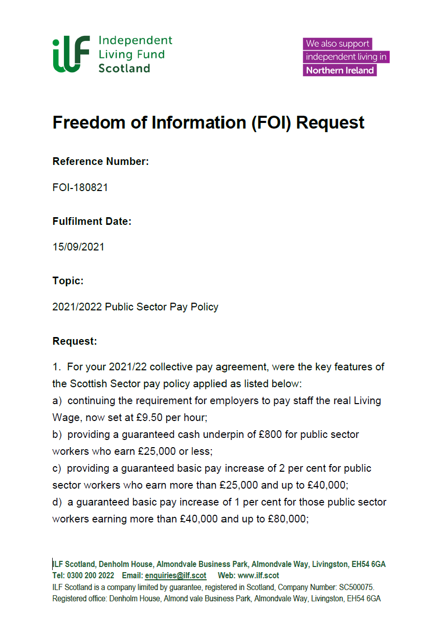 Front page of the Freedom of Information Request FOI-180821 2021/2022 Public Sector Pay Policy