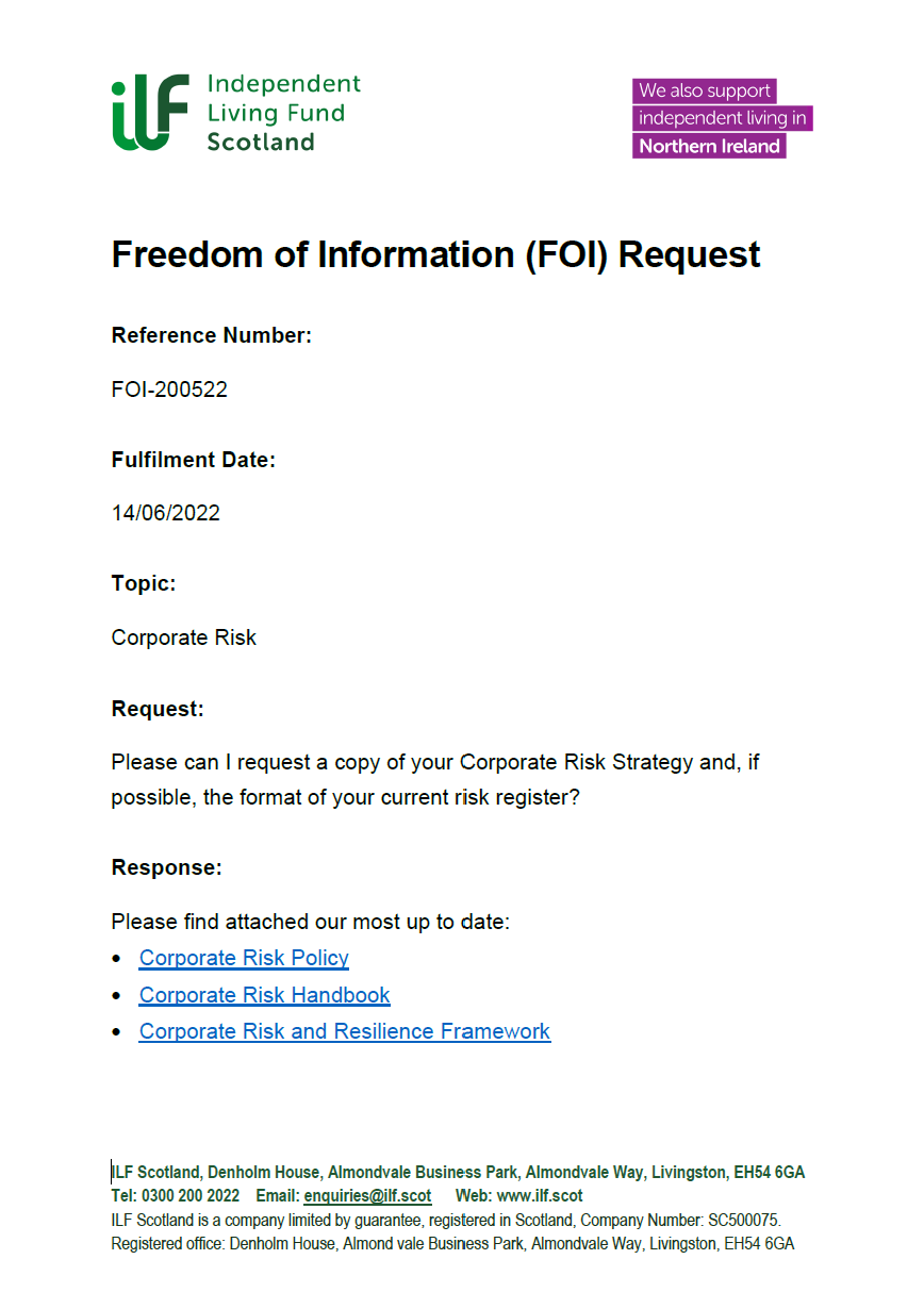 Front page of the Freedom of Information Request FOI-200522 - Corporate Risk