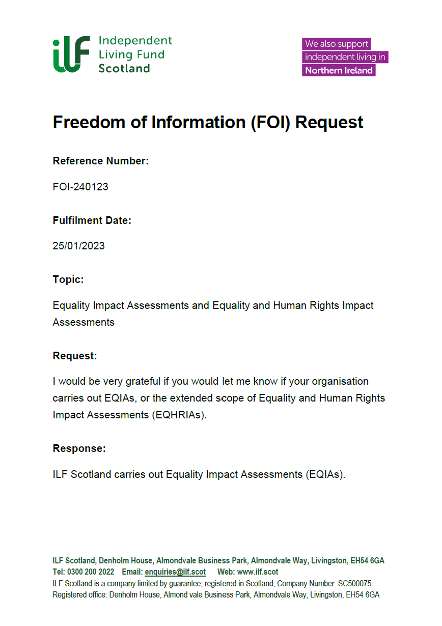 Front page of the Freedom of Information Request FOI-240123 Equality Impact Assessments and Equality and Human Rights Impact Assessments
