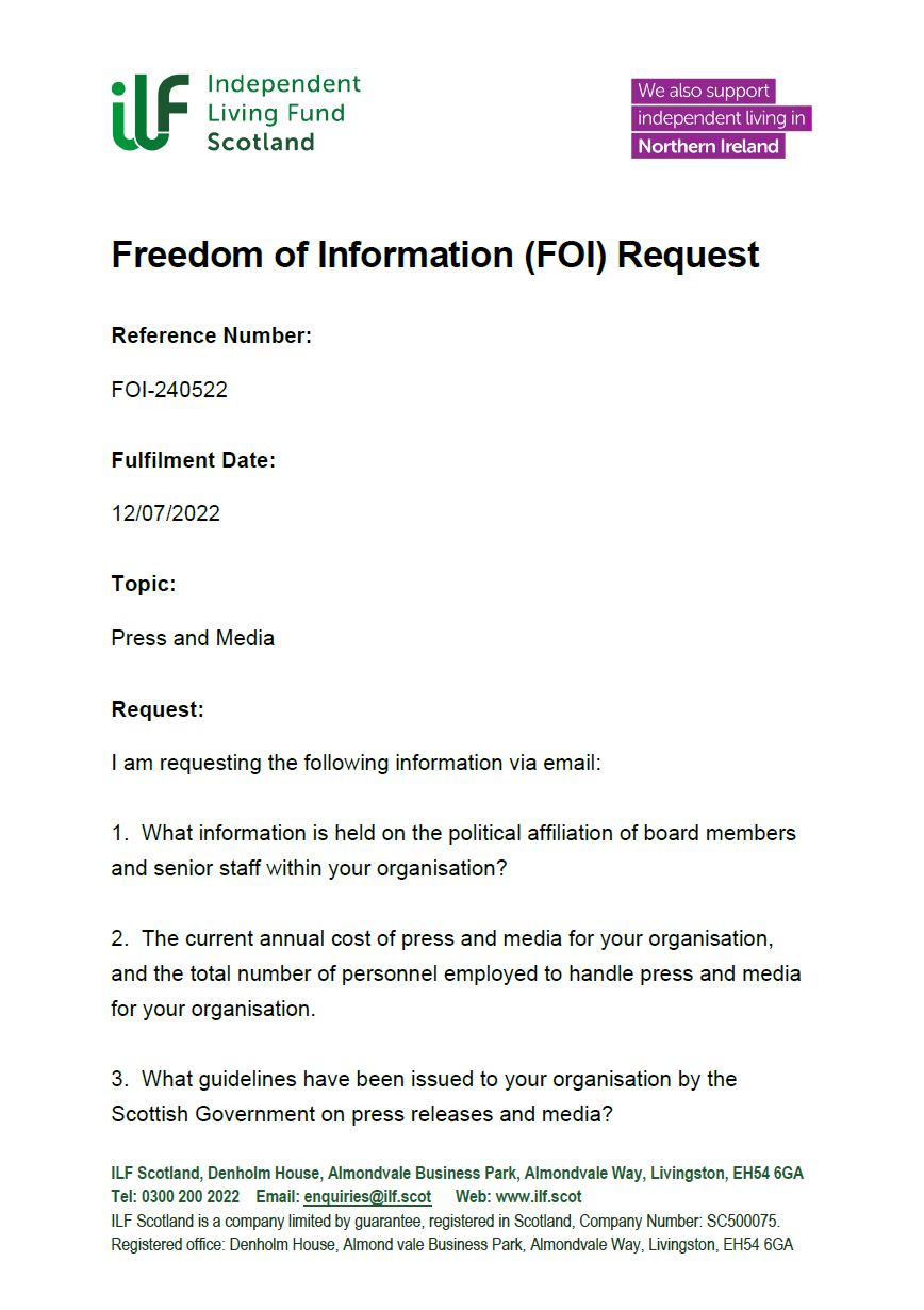 Front page of the Freedom of Information Request FOI-240522 - Press and Media