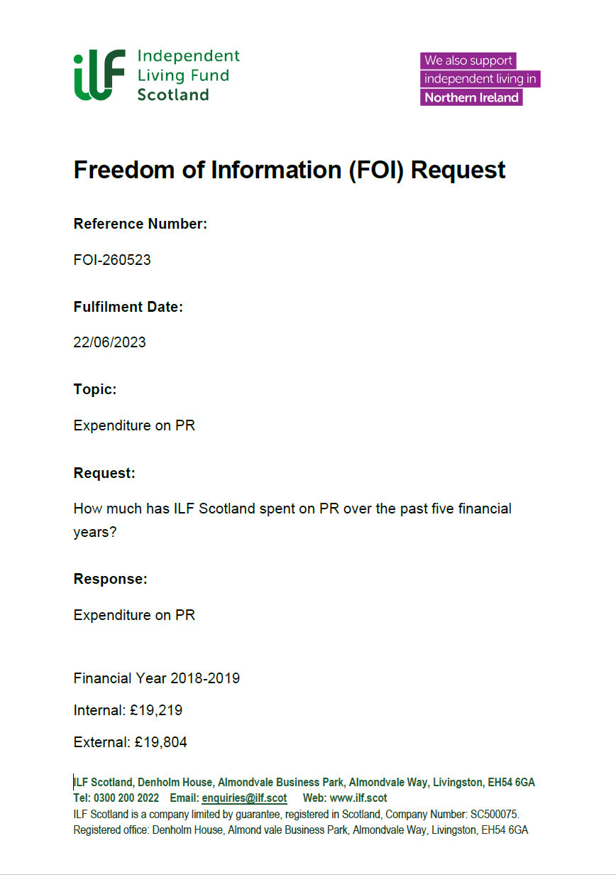Front page of the Freedom of Information Request FOI-260523 Expenditure on PR