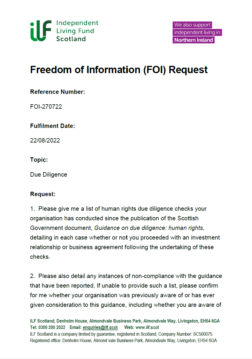 Front page of the Freedom of Information Request FOI-270722 Due Diligence