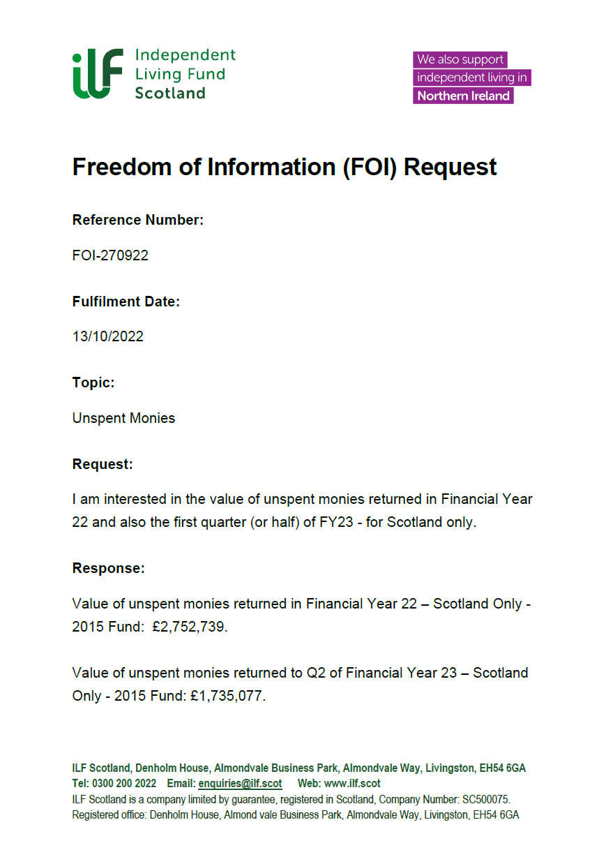 Front page of the Freedom of Information Request FOI-270922 Unspent Monies