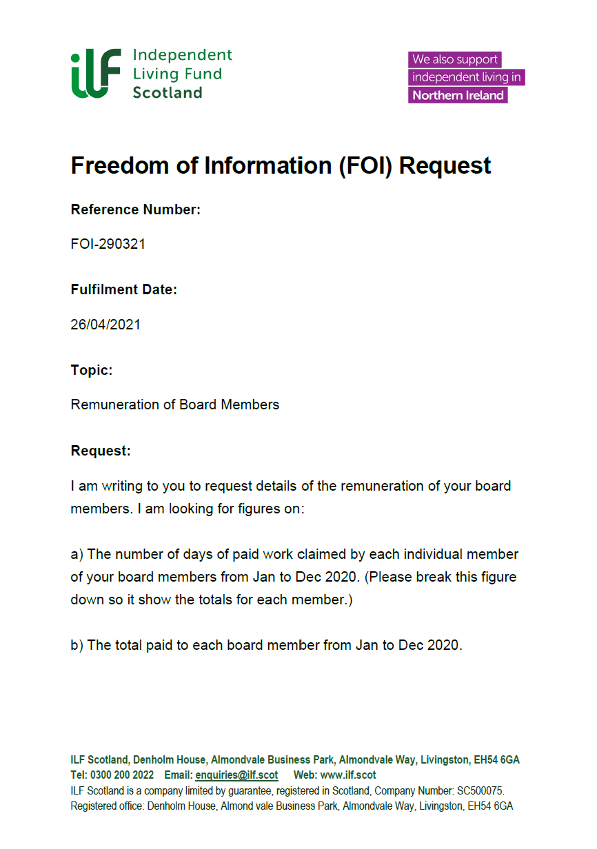 Front page of the Freedom of Information Request FOI-290321 - Remuneration of Board Members