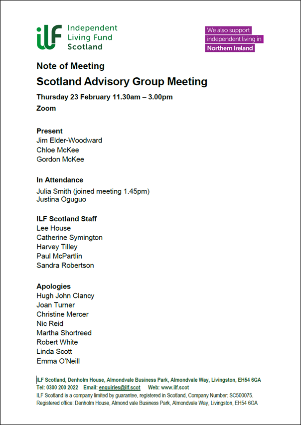 Front cover of the Scotland Advisory Group Minutes for Thursday 23 February 2023.