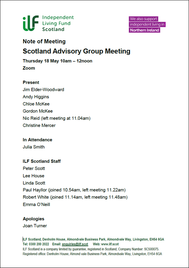 Front cover of the Scotland Advisory Group Minutes for Thursday 18 May 2023.