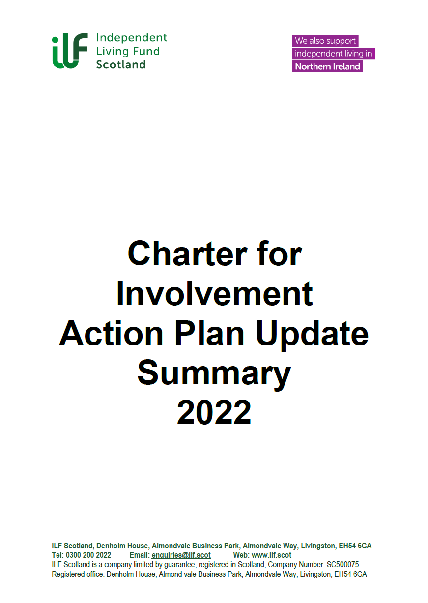 Front cover of the Charter for Involvement Action Plan Update Summary 2022 with ILF logos and footer address.