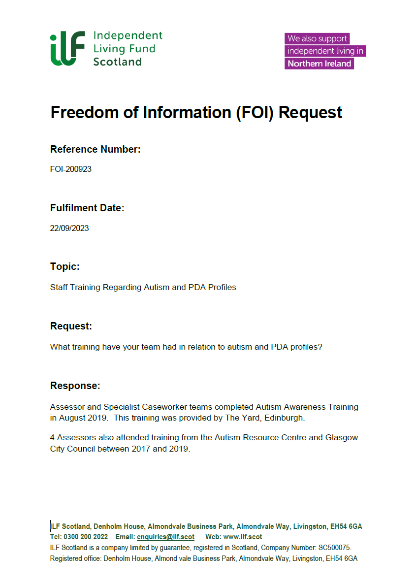 Front cover of the Freedom of Information FOI Request FOI-200923 for Staff Training Regarding Autism and PDA profiles.