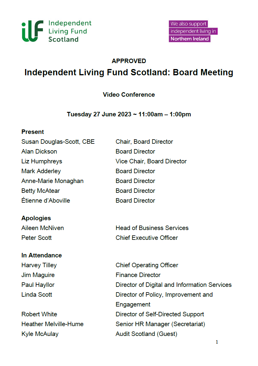 Front page of the Board Meeting Minutes from 27 June 2023