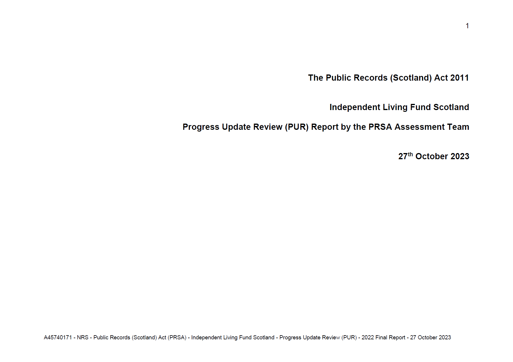 The cover of the Public Records Scotland ILF Progress Update Review