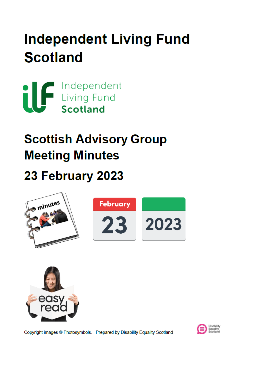 Front cover of the Scottish Advisory Group Easy Read Minutes for February 2023.