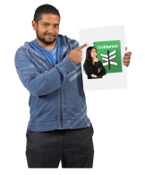 A man holds up a picture with a confused girl in front of a green book with a signpost and guidance on it.