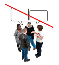 4 people stand talking to each other. There are speech bubbles coming out their heads. A red line is through the talking.
