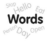 A word cloud with the word 'word' in the centre. Around it float the other words stop, hello, eat, person, day and open.