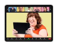 A screen / ipad with a laughing lady holding an ipad on it with a yellow background. Other faces are along the top of the screen.