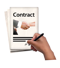 Papers with the word contract at the top and a picture of a handshake. A hand with a pen signs the document.