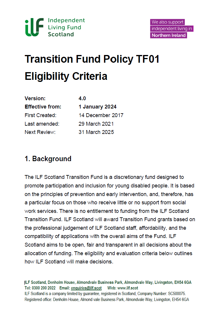 Front Page of Transition Fund Policy - TF01 Eligibility Criteria - v01.0 - 20240115
