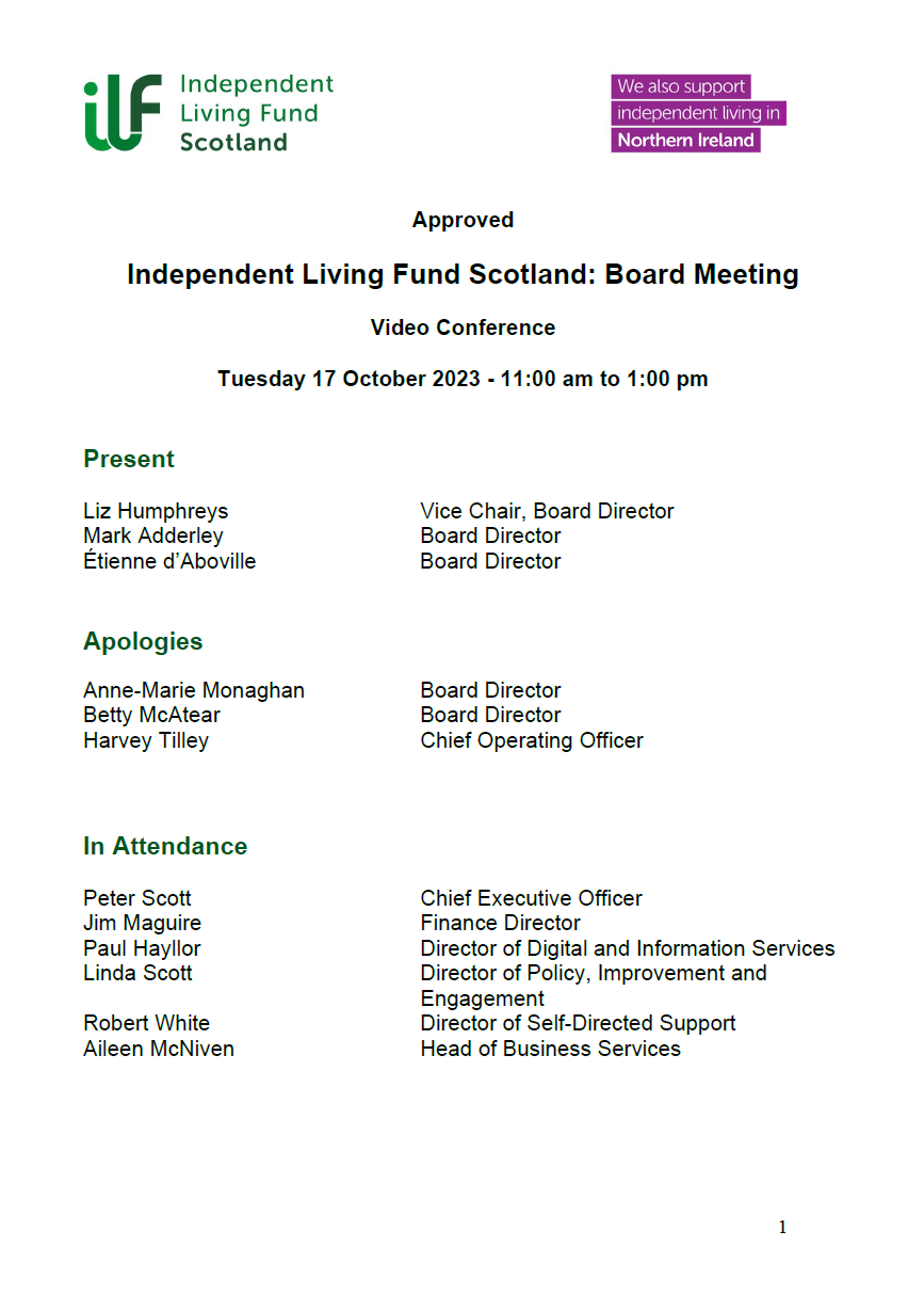 Front page of the board meeting minute from 17 October 2023