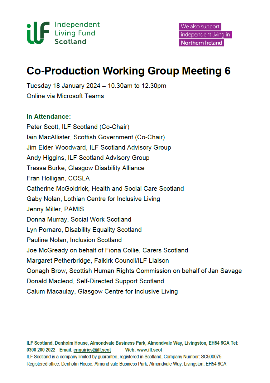 Front page of the co-production Working Group Meeting number 6