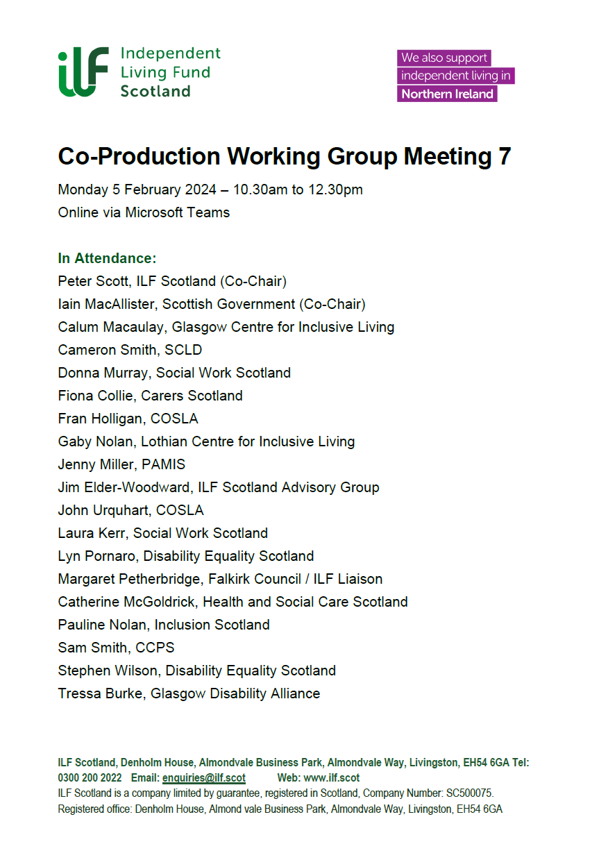 Front page of the co-production Working Group Meeting number 7