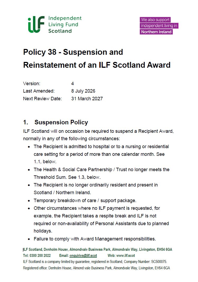 Front page of Policy 38 - Suspension and Reinstatement of an ILF Scotland Award
