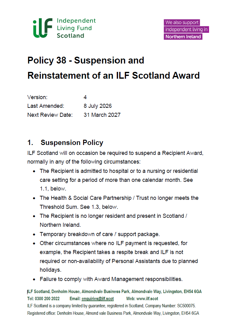 Front page of Policy 38 - Suspension and Reinstatement of an ILF Scotland Award - v04.0