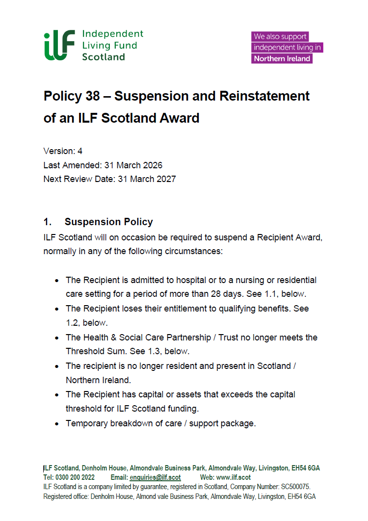 Front page of Policy 38 – Suspension and Reinstatement of an ILF Scotland Award