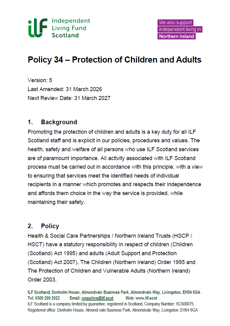 Front Page of Policy 34 - Protection of Children and Adults