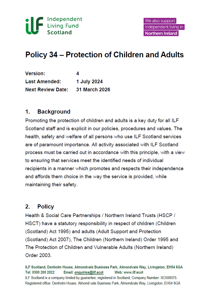 The first page of Policy 34 Protection of Children and Adults
