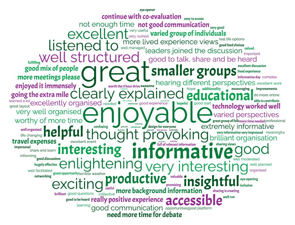 A large word cloud with words in shades of green and purple. Words are: able to contribute, accessible, additionality, awesome, brilliant, brilliant organisation, clear structure, clearly explained, cohesive team, collective, comfortable, complex, confusing, continue with co-evaluation, design for everyone, do more online, easy to access, educational, encouraging, enjoyable, enjoyed it immensely, enlightening, enriching, excellent, excellent discussion, excellent event, excellent work, excellently organised, exciting, extremely informative, eye opener, eye-opening, fantastic, felt rushed, fortunate, fulfilling, full of relevant information, going the extra mile, good, good communication, good discussions, good experience, good food choices, good mix of people, good platform, good start, good to be heard, good to talk, share and be heard, good questions, great, great group of folk, great layout, great opportunity, hearing different perspectives, helpful, hope, hopeful, hugely effective, impersonal, important, improvements, inclusive, informative, informative day, informing, insightful, insightful, inspiring, interesting, leaders joined the discussion, learned a lot, learning, life changing, listened to, lived experience, meaningful, more background information, more lived experience views, more meetings please, more time needed, need more time for debate, needed, networking, not good communication, not enough time, opportunities, organised, productive, professional, promising, quite cold, real life options, really positive experience, reassuring, share and learn, sharing is creating, sharing views, smaller groups, technology worked well, terrible weather, thought provoking, travel expenses, useful, valuable, valued, varied group of individuals, varied perspectives, very good, very impressed, very informative, very interesting, very useful, very well organised, very rushed, well delivered, well facilitated, well managed, well organised, well planned, well run, well structured, well moderated, went well, worth the 3 hour drive, worthwhile and worthy of more time.
