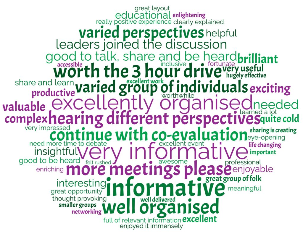 Word cloud with varying sizes of words in greens and purple. Words read: accessible, awesome, brilliant, clearly explained, complex, continue with co-evaluation. educational, enjoyable, enjoyed it immensely, enlightening, enriching, excellent, excellent event, excellent work, excellently organised, exciting, eye-opening, felt rushed, fortunate, full of relevant information, good to be heard, good to talk, share and be heard, great group of folk, great layout, great opportunity, hearing different perspectives, helpful, hugely effective, important, inclusive, informative, insightful, interesting, leaders joined the discussion, learned a lot, life changing, meaningful, more meetings please, need more time for debate, needed, networking, productive, professional, quite cold, really positive experience, share and learn, sharing is creating, smaller groups, thought provoking, valuable, varied group of individuals, varied perspectives, very impressed, very informative, very useful, well delivered, well organised, worth the 3 hour drive and worthwhile.