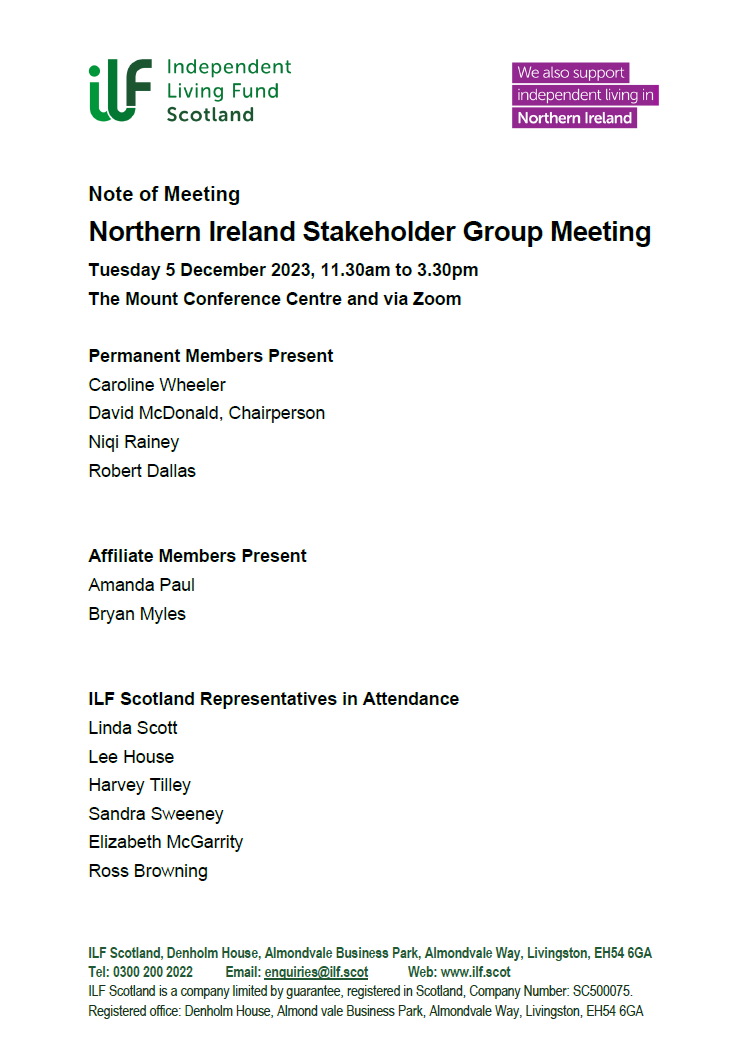 Front page of the Northern Ireland Stakeholder Group Meeting Minutes