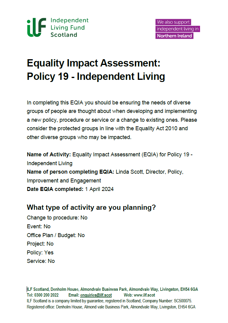 The cover / front page of the EQIA for Policy 19 - Independent Living