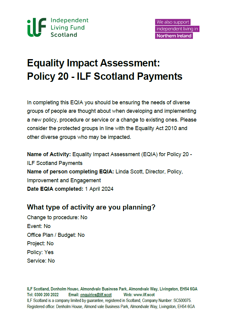 Front page of the Equality Impact Assessment for Policy 20 - ILF Scotland Payments
